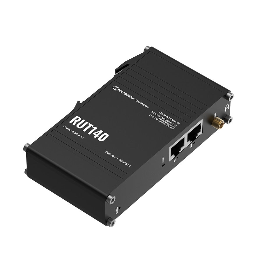 Seitenansicht RUT140 Industrial Ethernet Router mit 2x 10/100MBit, WiFi und Hutschienenmontage